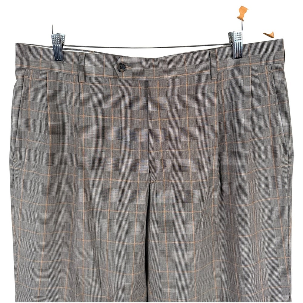 Lands End Pleated Dress Pants 38x32 Gray Glen Plaid Wool Cuffed Traditional Fit